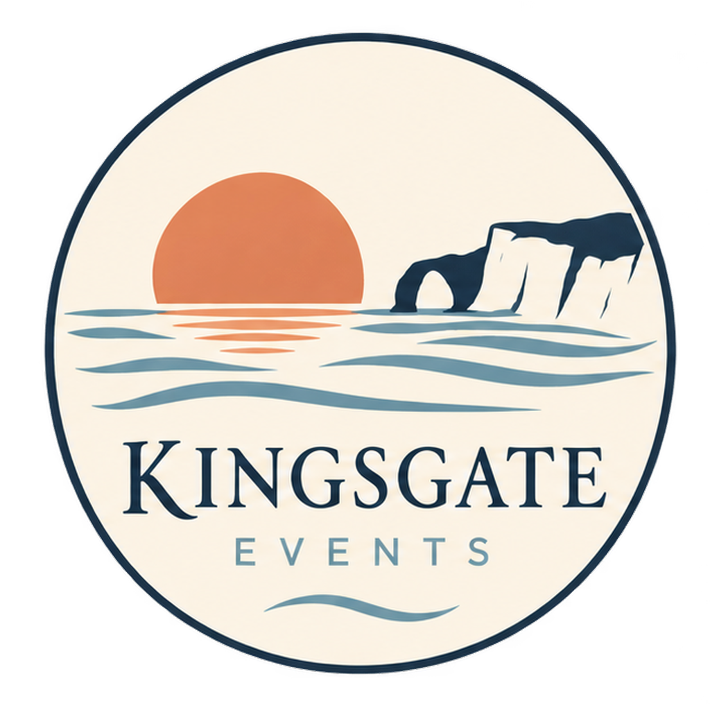 Kingsgate Events sunset and Kingsgate Bay logo
